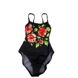 vtg 90s Cole of California Swimsuit Black Rose One Piece Coquette Minimalist S